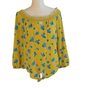 No Boundaries Gold Polka Dot Floral Keyhole Tie Detail Blouse